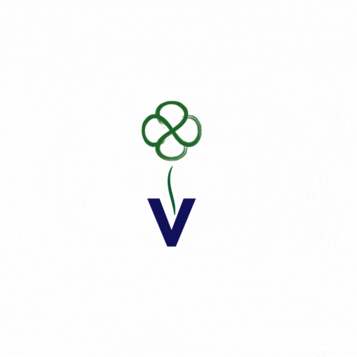 Letter V with four leaf clover growing within circle around